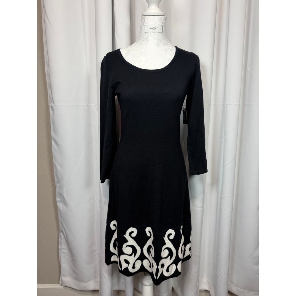 Nine West Black White Scroll Hem Long Sleeve Sweater Dress XS